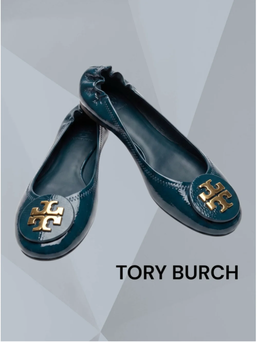 Tory Burch REVA Pebbled Patent Leather Ballet Flats, Dolphin Blue Gold 10